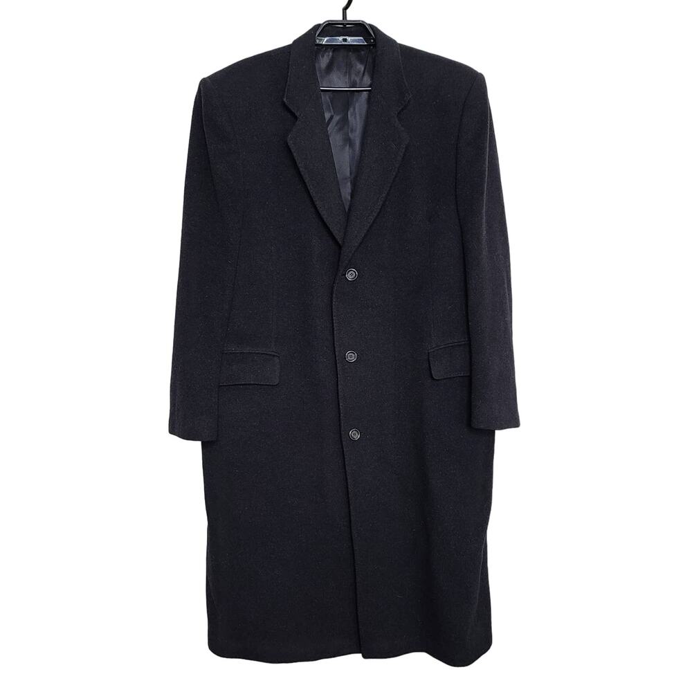 Mens Mongolian Cashmere Pea Coat 44L Black Button Front Long